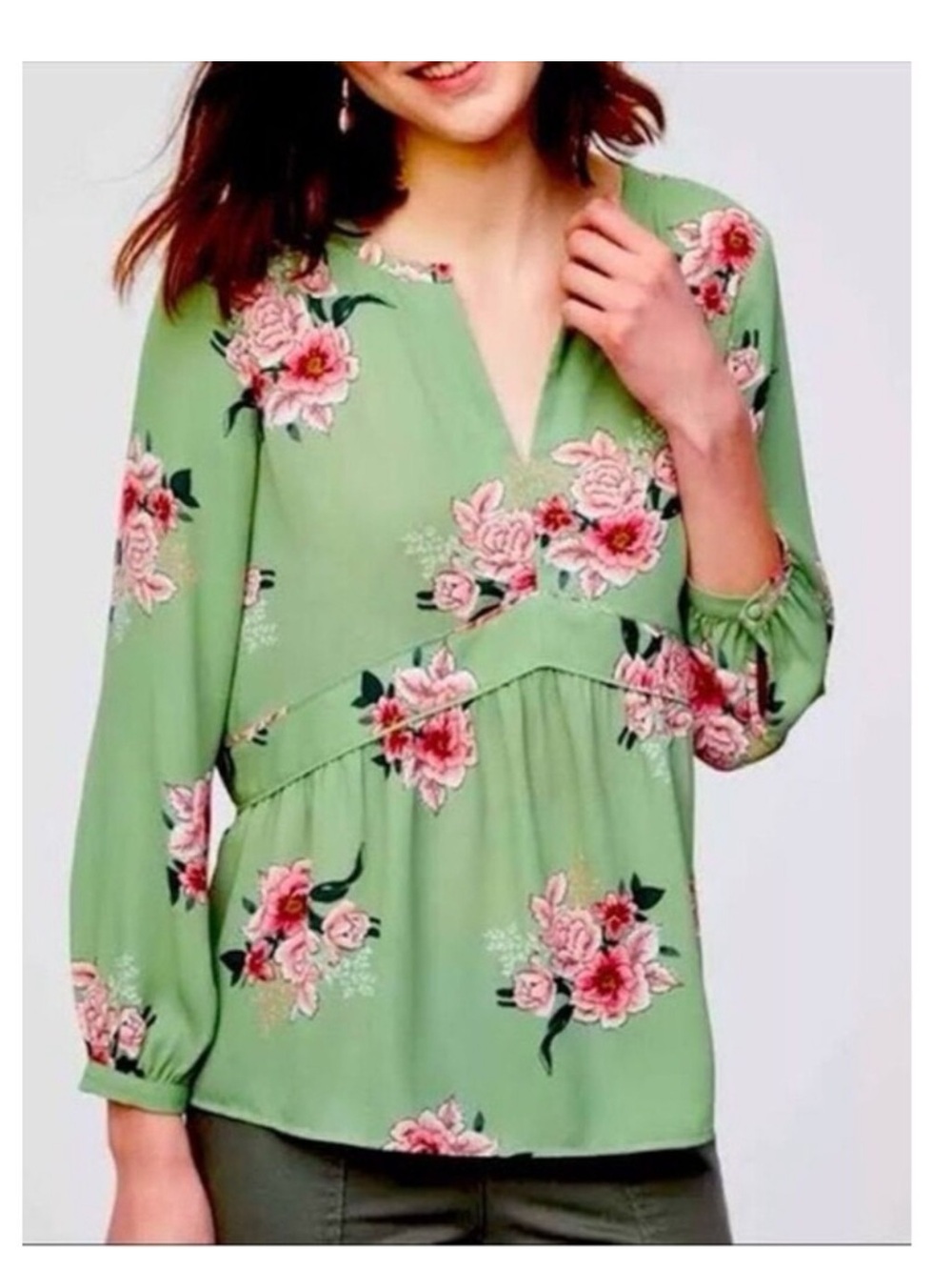 Loft Floral V-Neck Peplum Blouse - Green - size M